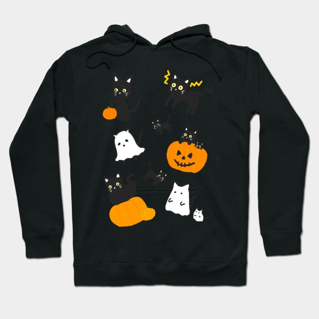 Halloween Black Cat and Pumpkin Ghost Kawaii Cute Anime Manga Logo Art Hoodie by Marinaaa010